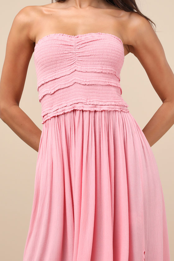 O'neill Devyn Pink Smocked Strapless Midi Dress In Pink