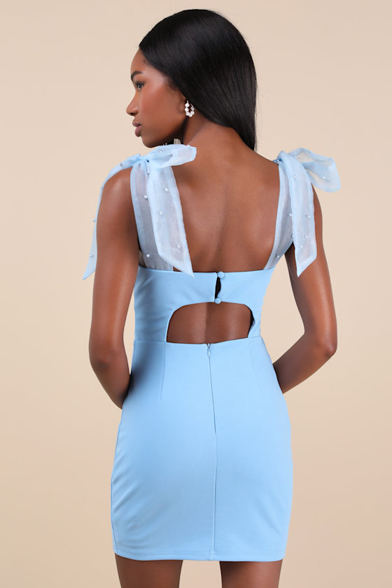 Lulus Beaming Perfection Light Blue Pearl Organza Tie-strap Mini Dress In Light Blue