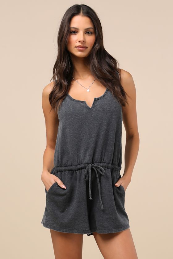Lulus Perfect Lazy Day Charcoal Sleeveless Drawstring Lounge Romper In Grey