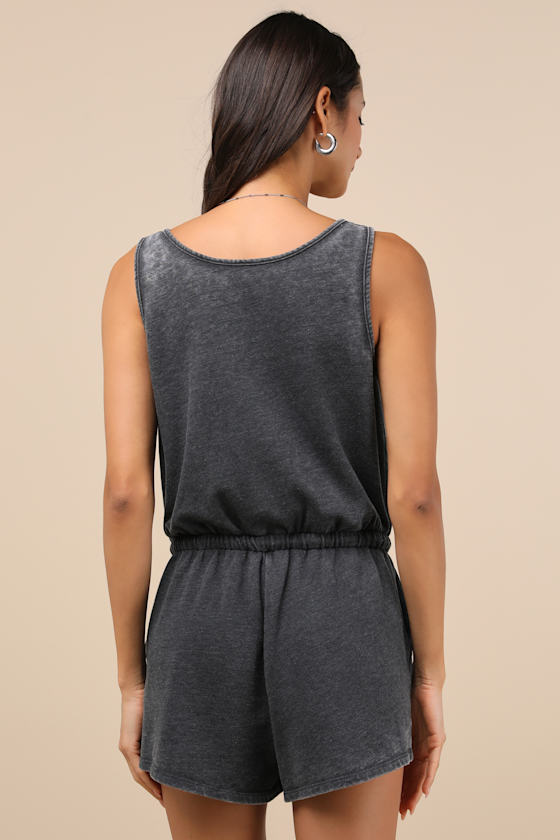 Lulus Perfect Lazy Day Charcoal Sleeveless Drawstring Lounge Romper In Grey