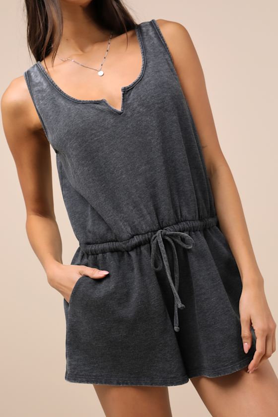 Lulus Perfect Lazy Day Charcoal Sleeveless Drawstring Lounge Romper In Grey