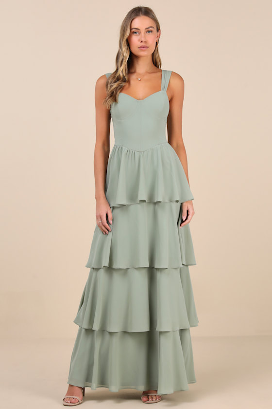 Lulus Carlynda Sage Brush Tiered Bustier Maxi Dress In Green