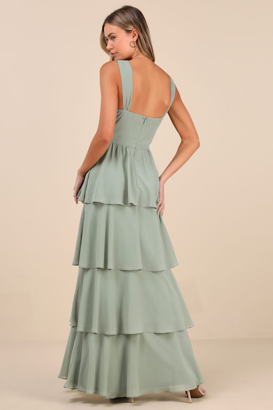 Lulus Carlynda Sage Brush Tiered Bustier Maxi Dress In Green