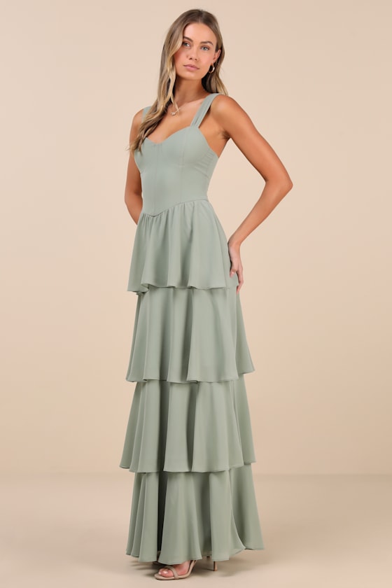 Lulus Carlynda Sage Brush Tiered Bustier Maxi Dress In Green