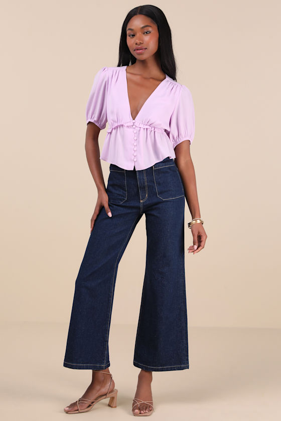 Lavender Ruffled Top - Puff Sleeve Button Top - Peplum Crop Top