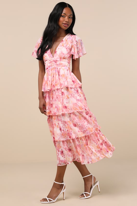 Lulus Nalia Pink Abstract Print Tiered Tie-back Midi Dress In Pink