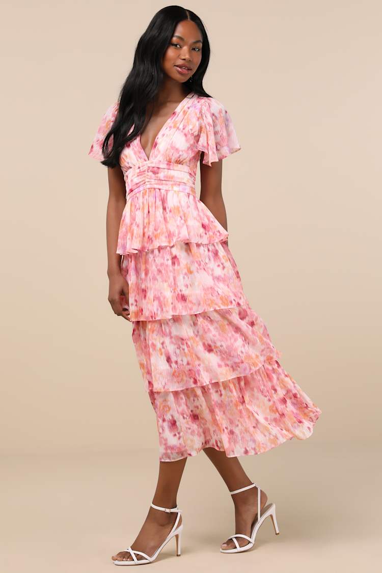 Nalia Pink Abstract Print Tiered Tie-Back Midi Dress