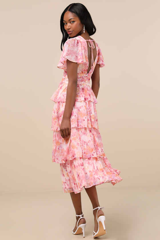 Lulus Nalia Pink Abstract Print Tiered Tie-back Midi Dress In Pink