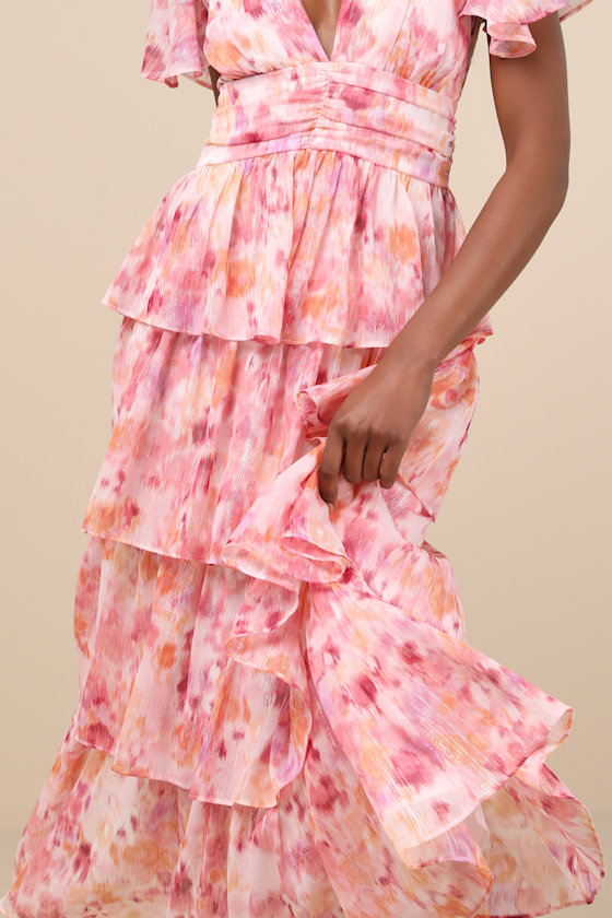 Lulus Nalia Pink Abstract Print Tiered Tie-back Midi Dress In Pink