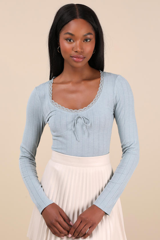 Lulus Celise Light Blue Pointelle Knit Long Sleeve Top In Light Blue
