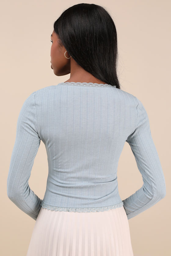 Celise Light Blue Pointelle Knit Long Sleeve Top
