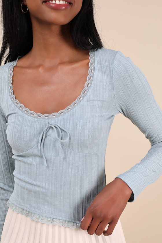 Lulus Celise Light Blue Pointelle Knit Long Sleeve Top In Light Blue