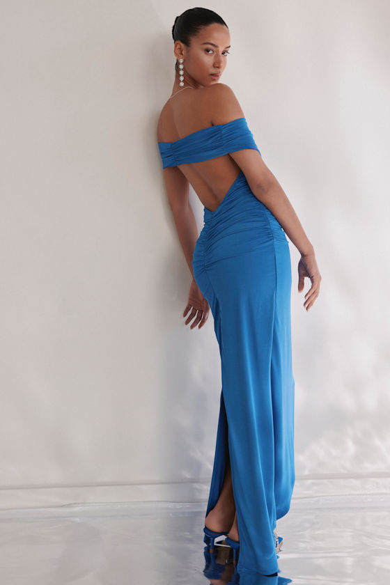 Image of Brilliant Elegance Blue Off-the-Shoulder Backless Maxi Dress