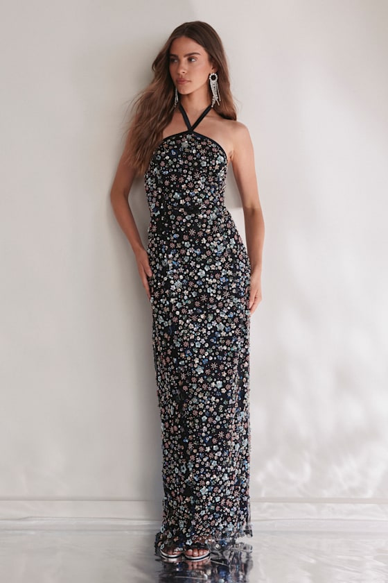 LULUS EDALENE BLACK MESH SEQUIN BEADED HALTER MAXI DRESS