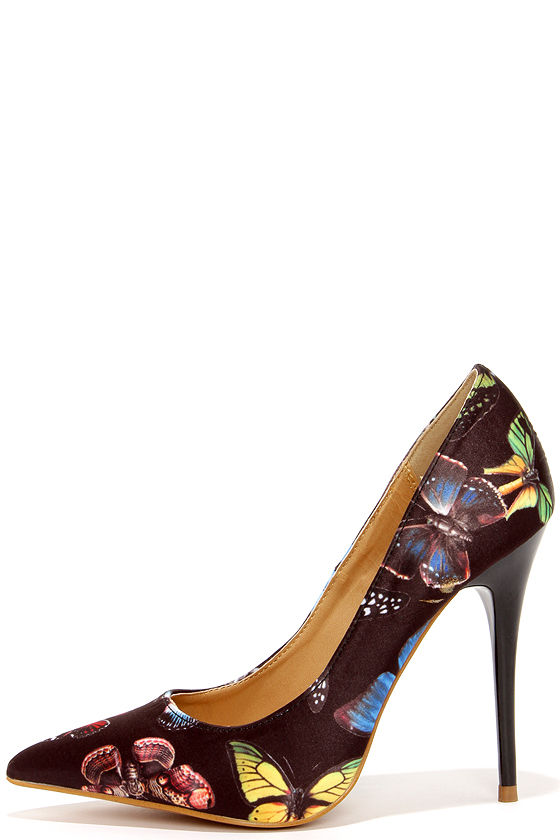 Fly Girl Black Butterfly Print Pumps