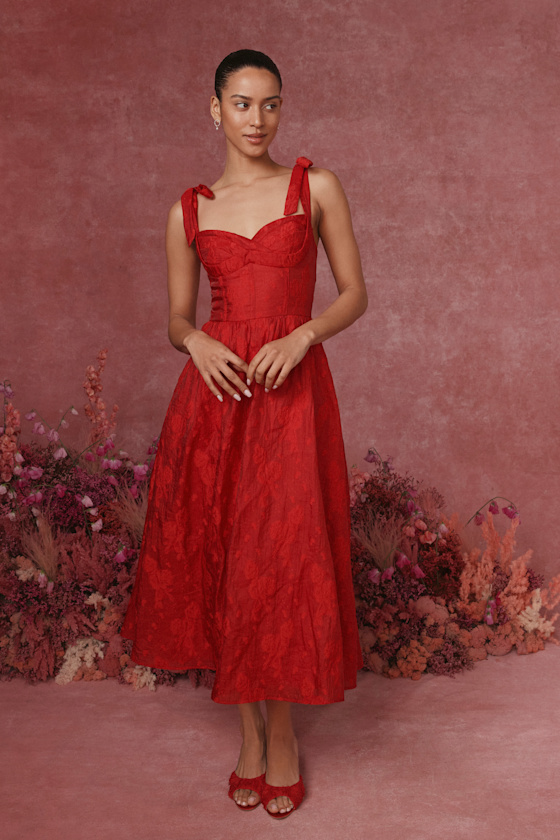 Loveliest Muse Red Burnout Floral Tie-Strap Midi Dress 1
