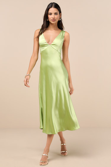 Midi Dress Neon Green Satin Dress Incredible Love Lime Green Satin