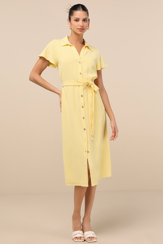 Italian Summer Light Yellow Linen Button-Up Short Sleeve Dress 4