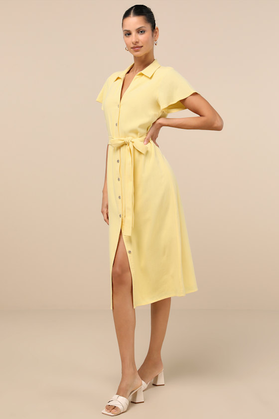 Lulus Italian Summer Light Yellow Linen Button-up Short Sleeve Dress In Light Yellow
