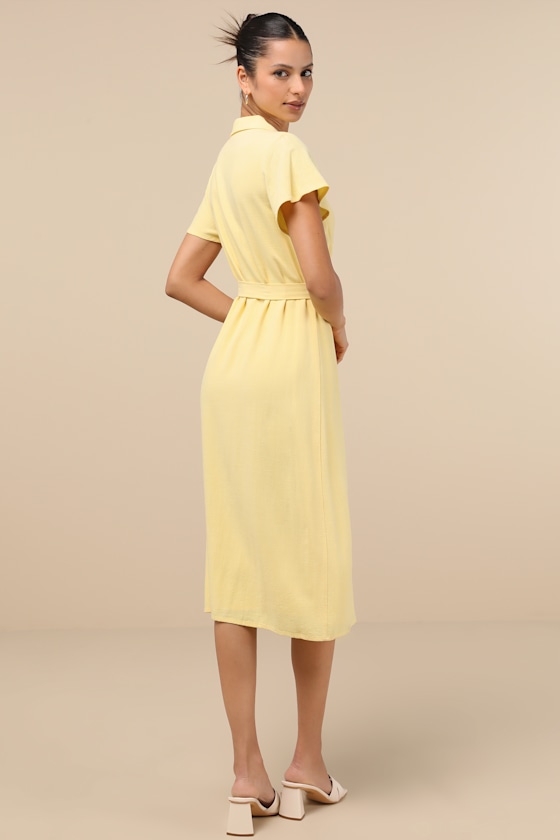 Lulus Italian Summer Light Yellow Linen Button-up Short Sleeve Dress In Light Yellow