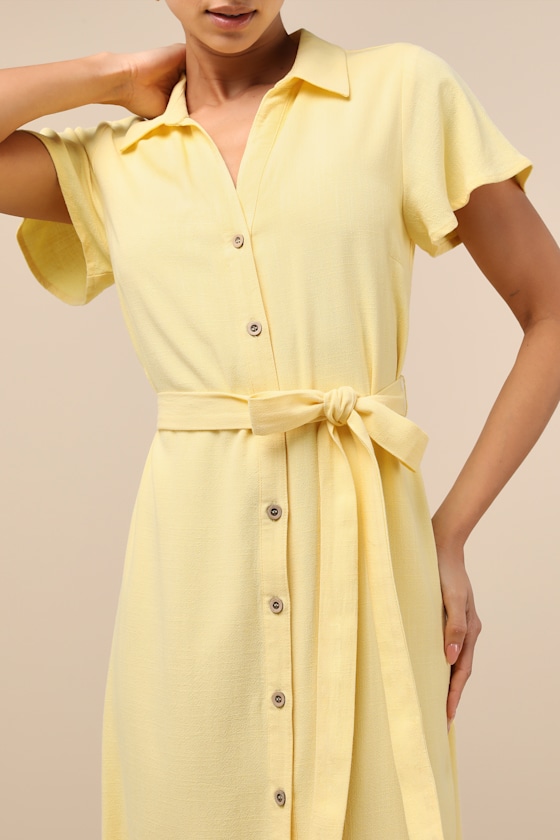 Lulus Italian Summer Light Yellow Linen Button-up Short Sleeve Dress In Light Yellow