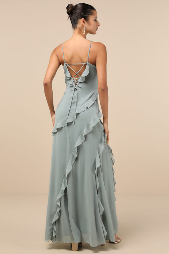 Lulus Fancy Sweetness Sage Green Ruffled Lace-up Sleeveless Maxi Dress In Sage Green