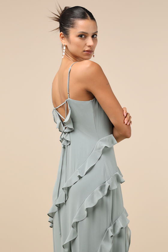 Lulus Fancy Sweetness Sage Green Ruffled Lace-up Sleeveless Maxi Dress In Sage Green