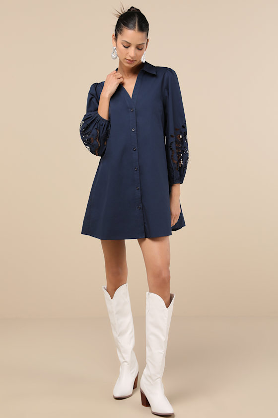 Image of Nelda Navy Blue Button-Up Mini Shift Dress