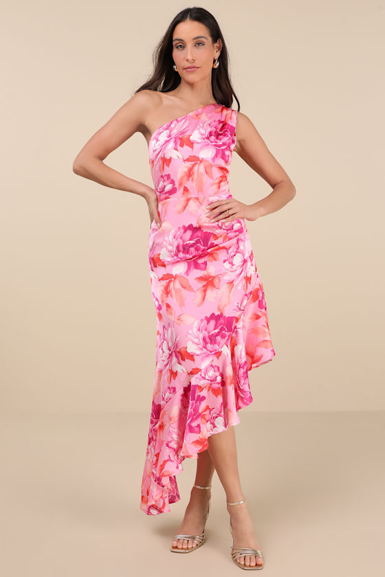 Lulus Divinely Blooming Pink Multi Floral One-shoulder Midi Dress In Pink