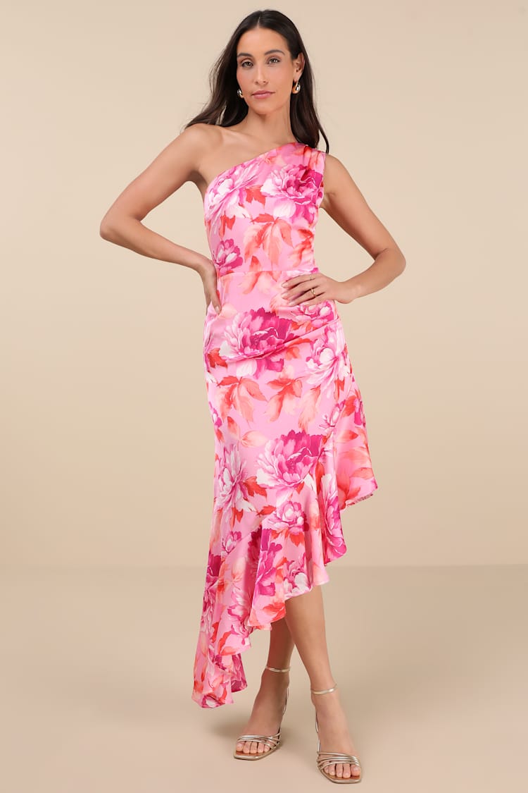 Lulus | Pink Multi Floral One-Shoulder Midi Dress | Womens | Medium (Available in XXL, XXS, XS, S, L, XL) | 100% Polyester Lulus | Pink Multi Floral One-Shoulder Midi Dress | Womens | Medium (Available in XXL, XXS, XS, S, L, XL) | 100% Polyester