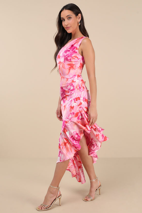 Lulus Divinely Blooming Pink Multi Floral One-shoulder Midi Dress In Pink