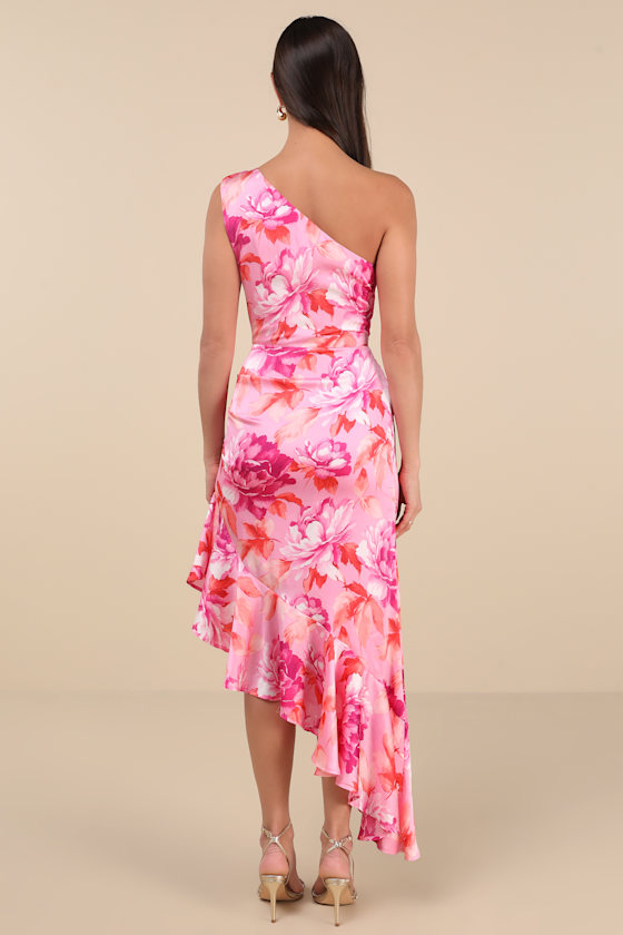 Lulus Divinely Blooming Pink Multi Floral One-shoulder Midi Dress In Pink