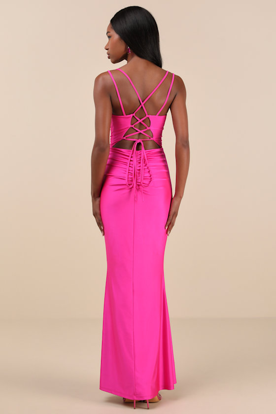 Lulus Jadine Hot Pink Slinky Knit Ruched Lace-up Mermaid Maxi Dress In Hot Pink
