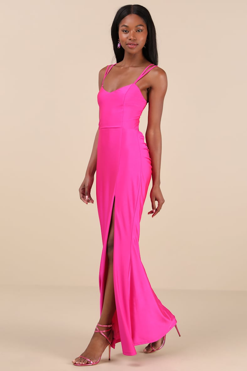 Jadine Hot Pink Slinky Knit Ruched Lace-Up Mermaid Maxi Dress