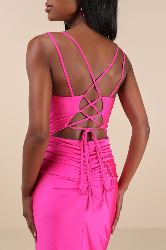 Lulus Jadine Hot Pink Slinky Knit Ruched Lace-up Mermaid Maxi Dress In Hot Pink