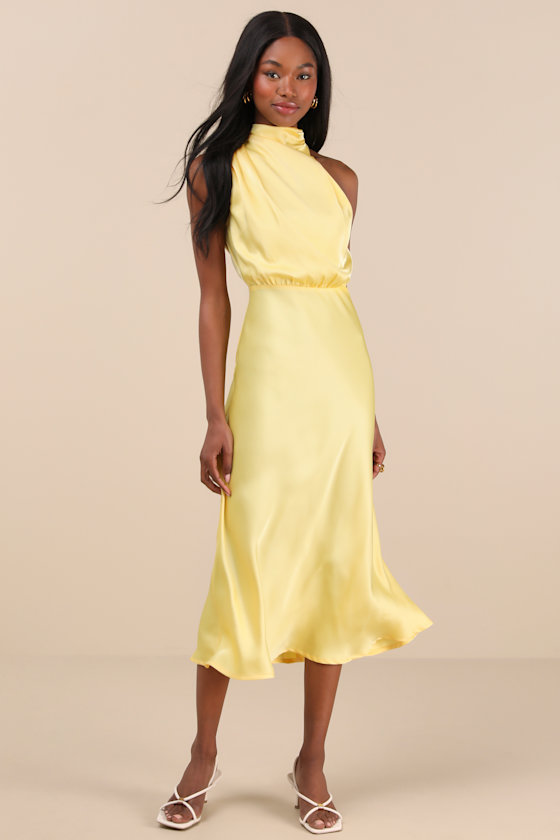 LULUS DISTINCTIVE CHARM YELLOW SATIN ASYMMETRICAL MIDI DRESS