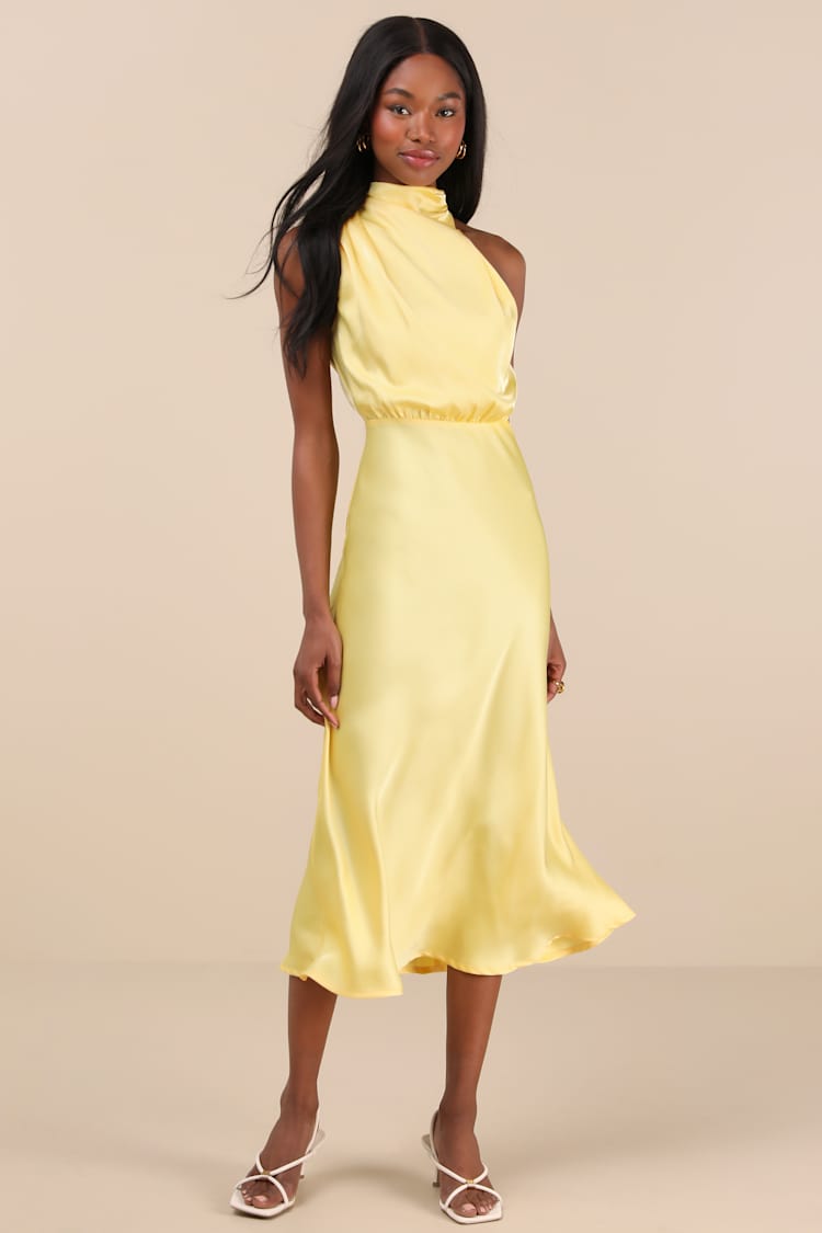 Yellow Midi Dress - Yellow Satin Dress - Mock Neck Midi Dress