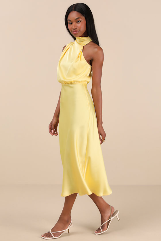 LULUS DISTINCTIVE CHARM YELLOW SATIN ASYMMETRICAL MIDI DRESS