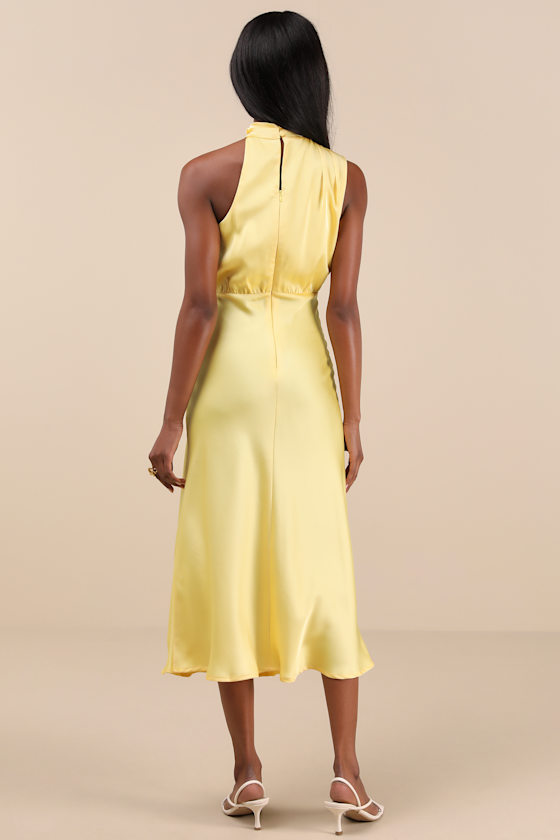 LULUS DISTINCTIVE CHARM YELLOW SATIN ASYMMETRICAL MIDI DRESS