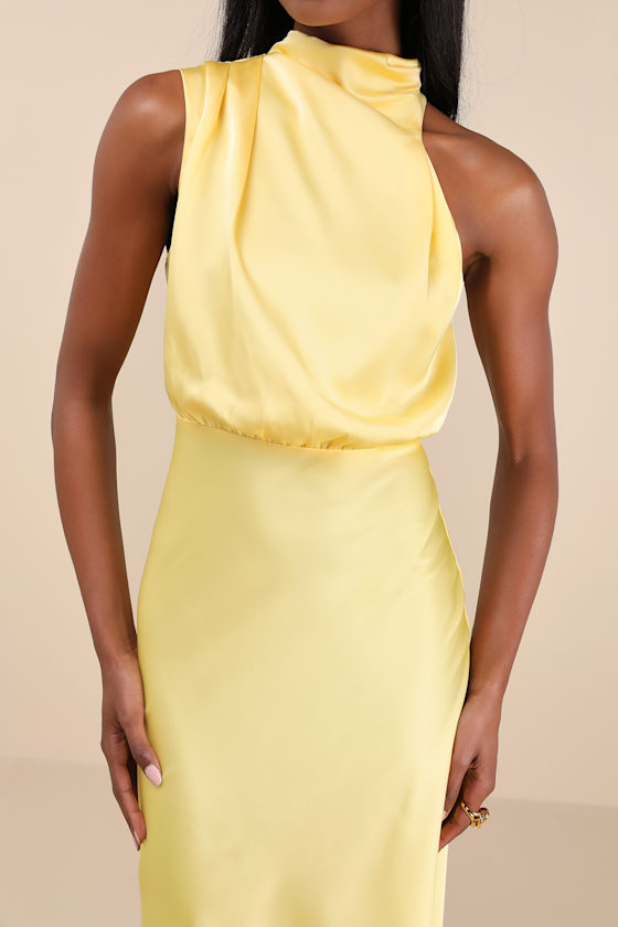 LULUS DISTINCTIVE CHARM YELLOW SATIN ASYMMETRICAL MIDI DRESS