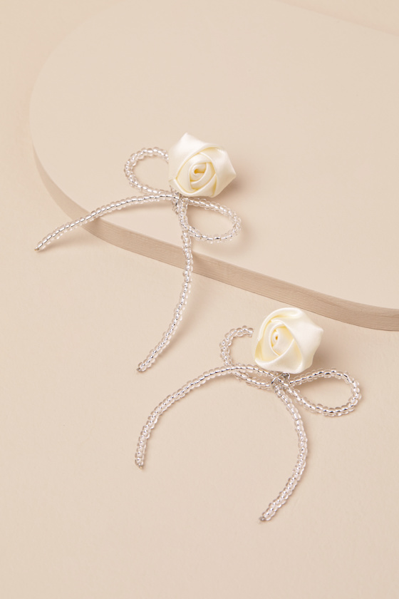 LULUS LANNEY IVORY ROSETTE BEADED BOW EARRINGS