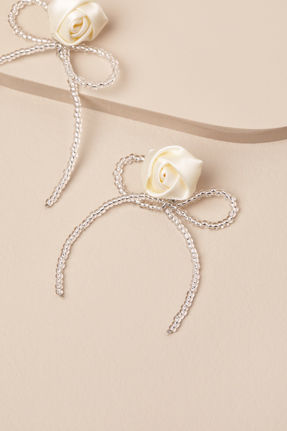 LULUS LANNEY IVORY ROSETTE BEADED BOW EARRINGS