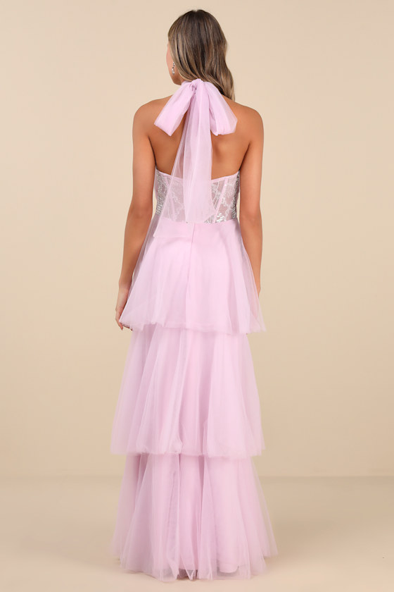 Lulus Camie Light Pink Tulle Sequin Bustier Maxi Dress In Light Pink