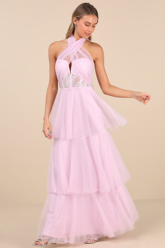 Lulus Camie Light Pink Tulle Sequin Bustier Maxi Dress In Light Pink