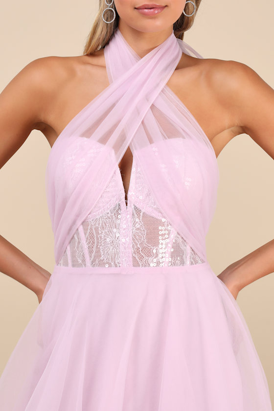 Lulus Camie Light Pink Tulle Sequin Bustier Maxi Dress In Light Pink