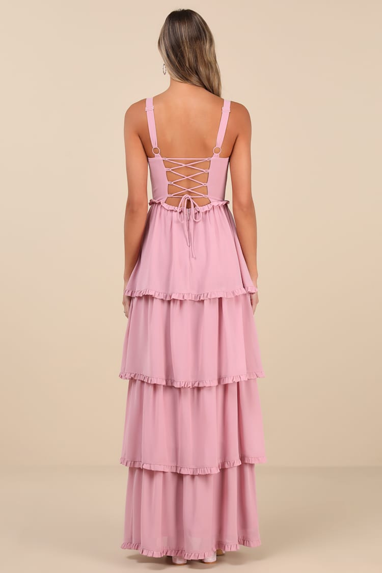 Sophisticated Occasion Pink Bustier Lace-Up Maxi Dress