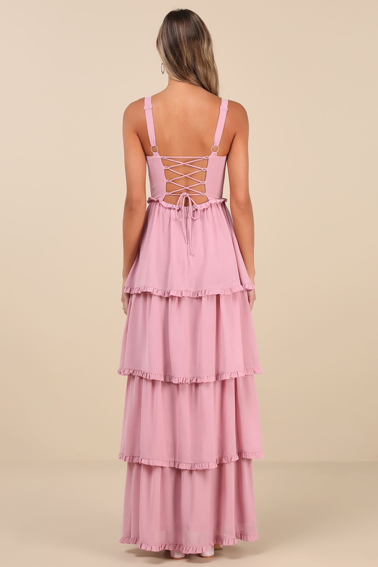 Sophisticated Occasion Pink Bustier Lace-Up Maxi Dress