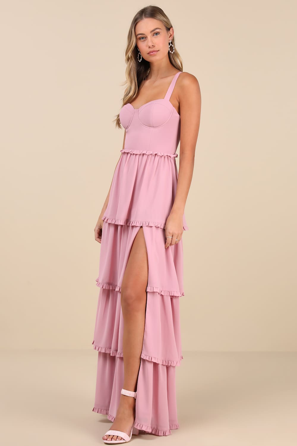 Sophisticated Occasion Pink Bustier Lace-Up Maxi Dress