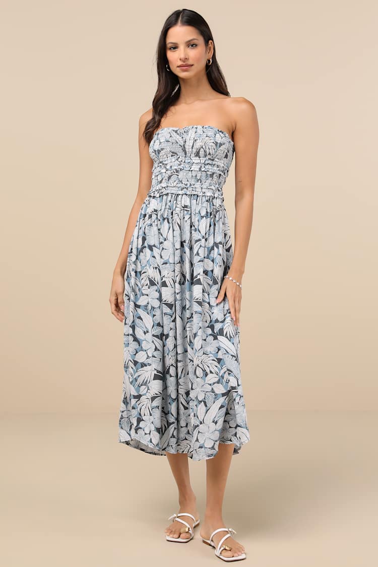 Devyn Slate Blue Tropical Print Smocked Strapless Midi Dress