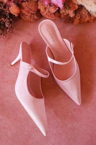 Baby Pink Satin Pumps Pointed-Toe Mule Pumps Pink Mule Pumps